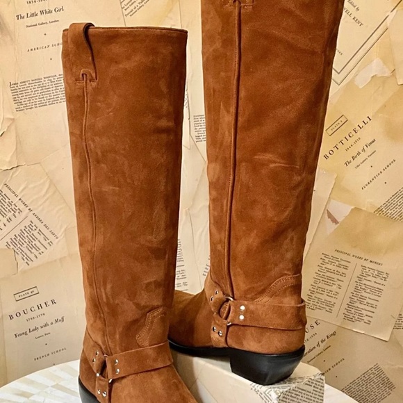 Free People Lockhart Harness Tall Boots Western Pull On Tan Brown Suede - Picture 3 of 9